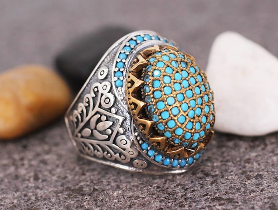 Aquamarin Ring Herren Türkis Herrenring: Handgemachte 925 Sterling