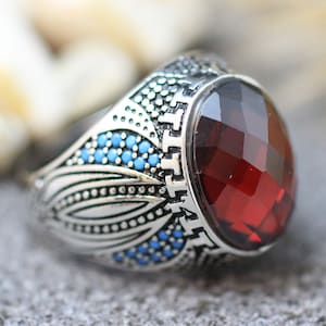 Mens Handmade Ruby Ring, Ruby Mens Ring , Silver Mens Ottoman Ring, Gift for Him, Ottoman Silver 925 Mens Ring, Valentines Day