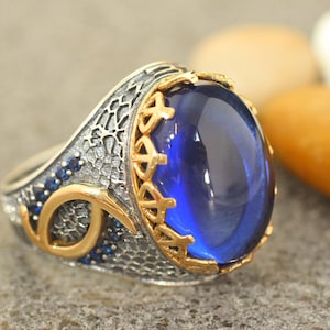 Sterling Silver 925 Sapphire Mens Ring, Mens Ring,Sapphire Mens Ring, Ottoman Man Ring, Gift for Him, Sapphire Jewelry,Valentine&#39;s Day