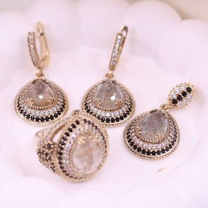 Ensemble fait main en argent 925 avec quartz, style authentique, ensemble en quartz, cadeau de fête des mères, cadeau pour elle, cadeau d&#39;anniversaire, ensemble turc fait main
