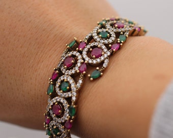 Ruby Emerald Bracelet, Turkish Handmade Bracelet, Sterling Silver 925 Bangle, Cuff, Ruby Bracelet, Gift for Her, Mom Gift, Ruby Cuff, Gift