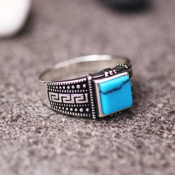 Sterling Silber 925 Türkis Herren Ring, Viereck Silber Herren Ring, Minimalist Herren Ring, Geschenk für Ihn, Geschenk für Männer, Türkis Herren Ring