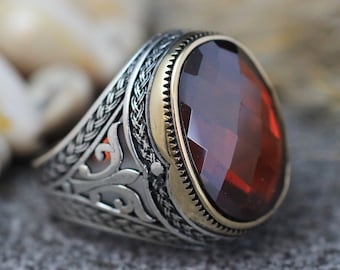 Mens Handmade Ruby Ring, Ruby Mens Ring , Silver Mens Ottoman Ring, Gift for Him, Ottoman Silver 925 Mens Ring, Dad Gift, Fathers Day