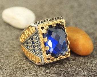 Mens Ring, Sapphire Man Ring, Sterling Silver 925 Mens jewelry, Mens Handmade Silver Ring, Gift for Him , Ottoman Ring, Jewelry