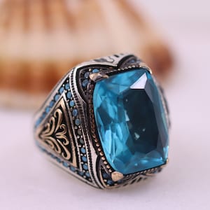 Aquamarine Mens Ring, Silver Mens Ring, Silver 925 Statement Mens Ring, Gift for Him, Gift for Men, Ottoman Mens Ring, Aquamarine Jewelry