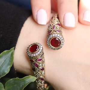 925 Sterling Silver Ruby Bracelet, Turkish Handmade Bracelet, Silver 925 Bangle, Cuff, Emerald Bracelet, Gift for Her, Mother's Day Gift