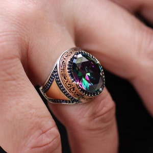 Mystic Topaz Mens Sterling Silver Ring, Mens Silver Ring, Sterling Silver 925 Mens Handmade Ring, Mystic Topaz Ring, Gift for Him, Gift