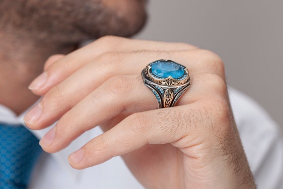 Bague Homme Aigue marine Bague Homme Aigue marine Argent Bague Homme Argent Sterling 925 Cadeau pour Lui Cadeau pour Pere Bague Homme Turquoise Etsy France