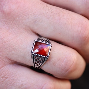 Ruby Men&#39;s Ring, Signet Mens Ring, Mens Handmade Ruby Ring, Gift for Him, Gift for Boyfriend, Silver Ruby Jewelry, Rectangle Signet Ring,