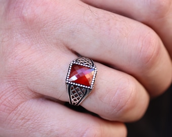 Ruby Men's Ring, Signet Mens Ring, Mens Handmade Ruby Ring, Gift for Him, Gift for Boyfriend, Silver Ruby Jewelry, Rectangle Signet Ring,