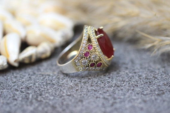 Sterling Silver 925 Ruby Zircon Handmade Ring, Ottoman Style Ring
