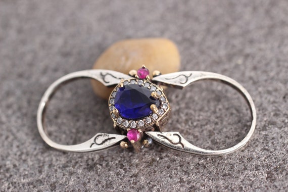 Turkish Reversible Teardrop Ring 925 Sterling Silver With Sapphire Ruby & Topaz – Size Option