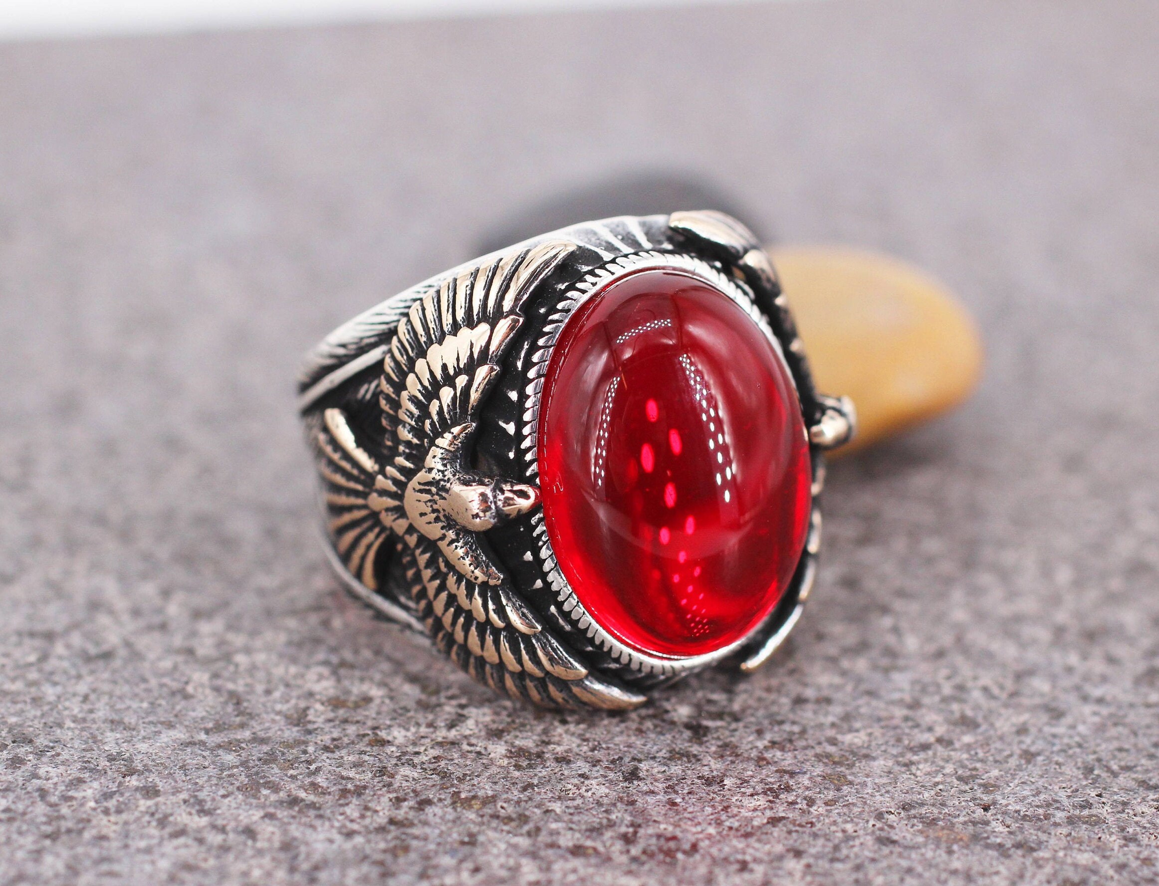 Mens Handmade Ruby Ring, Ruby Mens Ring , Silver Mens Eagle Ring, Gift for Him, Ottoman Silver 925 Mens Ring, Dad Gift, Eagle Jewelry