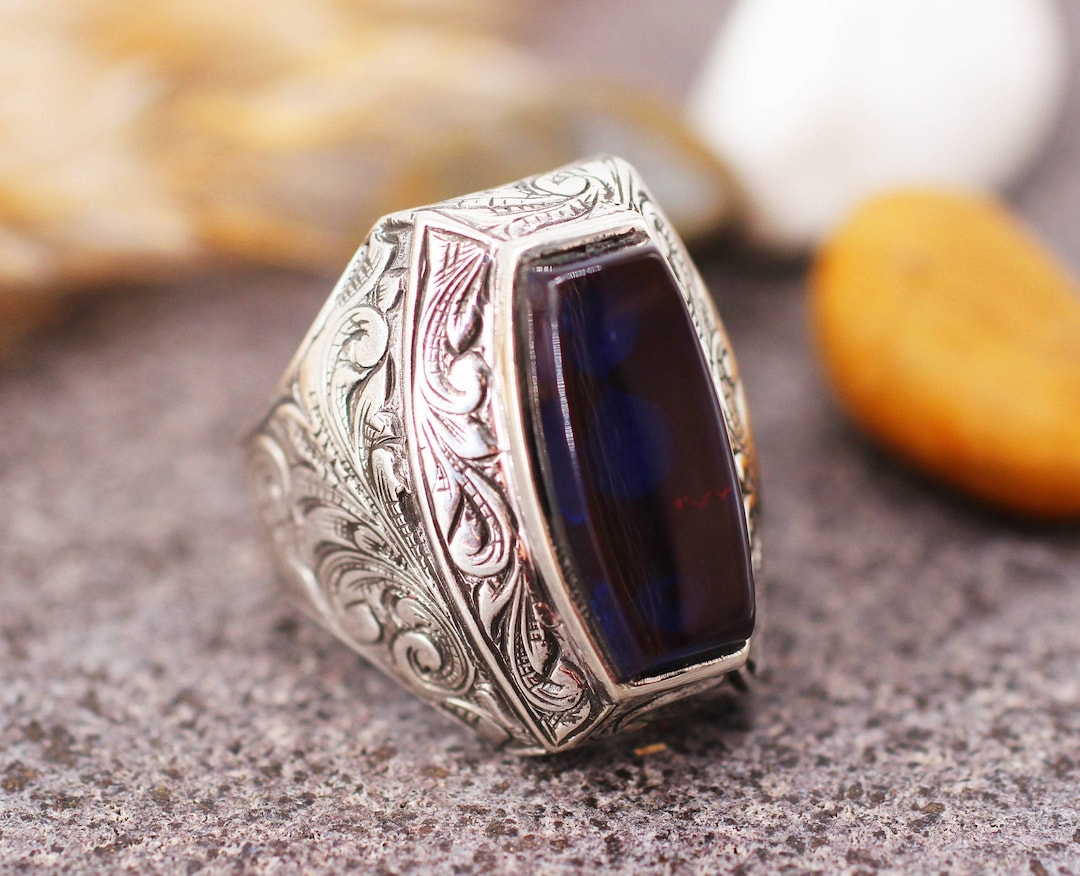 Sapphire Mens Handmade Silver Ring Ottoman Style Ring Silver Etsy