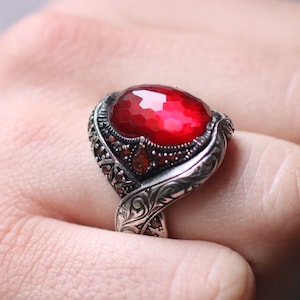 Sterling Silver 925 Men&#39;s Ring, Ruby Mens Ring , Silver Men&#39;s Ring, Gift for Him, Ottoman Silver 925 Men Ring, Turkish Handmade Man Ring