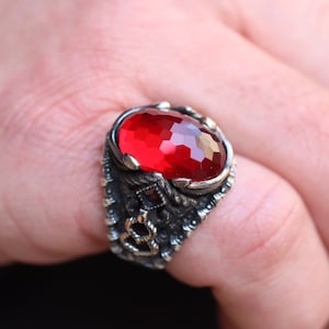Ruby Mens Ring, Handmade Mens Ring, Silver Men&#39;s Ring, Gift for Him, Ottoman Silver 925 Men Ring, Turkish Handmade Man Ring, Gift for Men