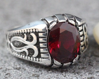 Sterling Silver 925 Men&#39;s Ring, Ruby Men Ring , Silver Men&#39;s Ring, Gift for Him, Ottoman Silver 925 Men Ring, Turkish Handmade Man Ring,Ruby
