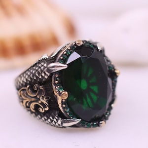Men&#39;s Handmade Ring, Mens Emerald Silver Ring, Turkish Handmade Emerald Ring, Gift for Him, Ottoman Mens Ring, Emerald Ring, Silver 925 Mens