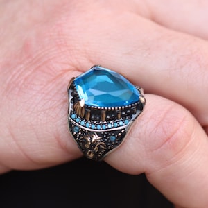 Aquamarine Mens Ring, Silver Mens Ring, Silver 925 Statement Mens Ring, Gift for Him, Gift for Men, Ottoman Mens Ring, Aquamarine Jewelry