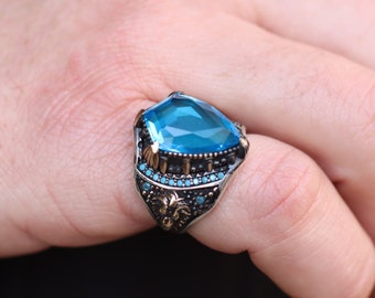 Aquamarine Mens Ring, Silver Mens Ring, Silver 925 Statement Mens Ring, Gift for Him, Gift for Men, Ottoman Mens Ring, Aquamarine Jewelry