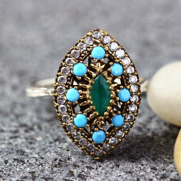 Sterling Silver 925 Turquoise Emerald Handmade Ring, Ottoman Style Ring, Silver 925 Ring, Gift for her, Silver Ring, Ottoman Style Ring