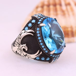 Aquamarine Mens Ring, Oval Aquamarine Statement Mens Ring, Ottoman Style Mens Ring, Gift for Him, Aquamarine Ring, Mens Jewelry, Gift for