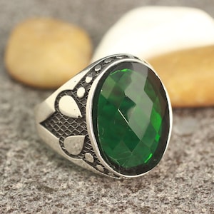 Sterling Silver 925 Handmade Emerald Men&#39;s Ring, Ottoman Style Ring, Silver 925 Men&#39;s Ring, Gift for Him, Silver Ring, Men&#39;s Ring