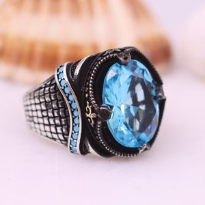 Aquamarine Mens Ring, Gift for Him, Statement Aquamarine Mens Ring, Sterling Silver 925 Mens Ring, Fathers Day Gift, Ottoman Silver Ring