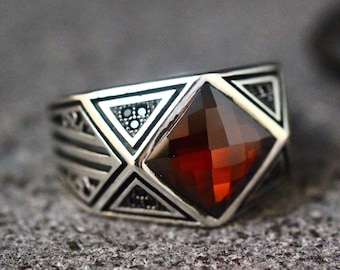 Sterling Silver 925 Men's Ring, Ruby Men Ring , Silver Men's Ring, Gift for Him, Ottoman Silver 925 Men Ring, Turkish Handmade Man Ring