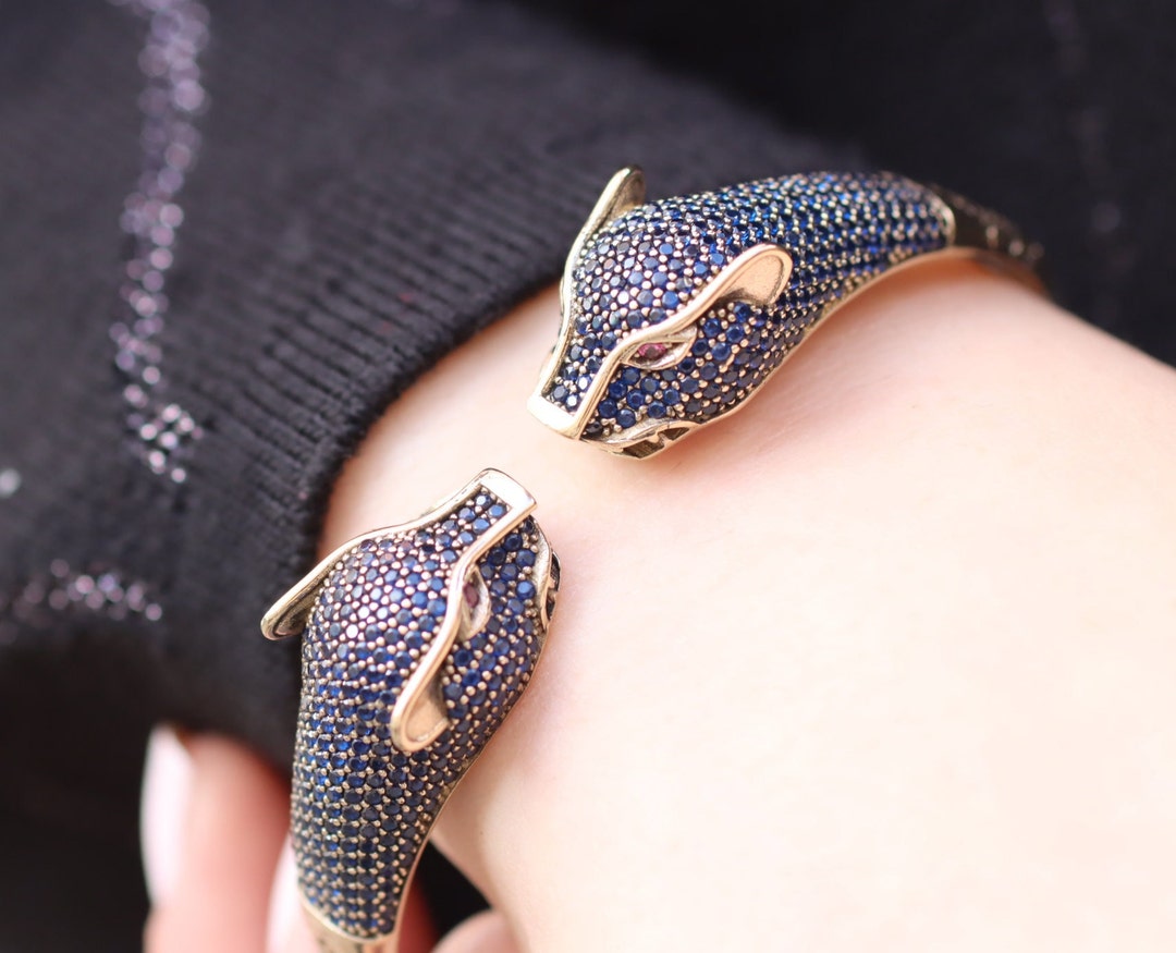 925 Sterling Silver Tiger Bracelet, Turkish Handmade Sapphire Bracelet ...