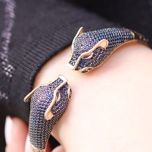 925 Sterling Silver Tiger Bracelet, Turkish Handmade Sapphire Bracelet, Silver 925 Animal Tiger Cuff, Gift for Her, Silver Bangle Cuff