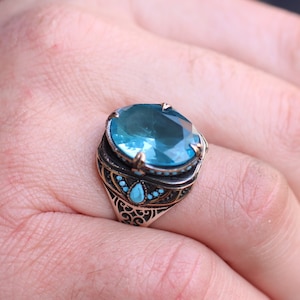 Aquamarine Mens Ring, Silver Mens Ring, Silver 925 Statement Mens Ring, Gift for Him, Gift for Men, Ottoman Mens Ring, Aquamarine Jewelry