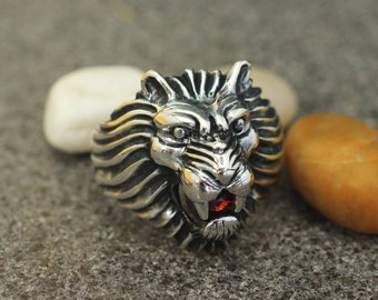 Mens Silver King Ring, Sterling Silver 925 Mens Handmade Ring, Gift for Him, Mens Jewelry, Ruby Mens Ring, King Jewelry, King Head Ring