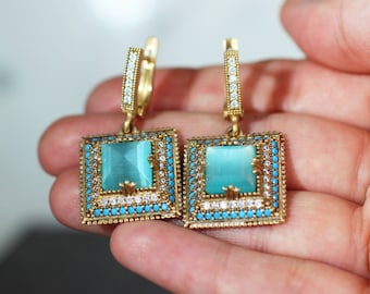 Sterling Silver 925 Aquamarine Handmade Earring, Ottoman Earring, Silver 925 Earring, Gift for her, Silver, Mother's day gift, Mom gift