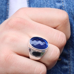 Sapphire Signet Mens Ring, Sterling Silver Mens Sapphire Ring, Sapphire Ring, Mens Jewelry, Gift for Him, Silver Ring, Signet Ring