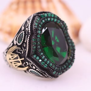 Emerald Mens Ring, Ottoman Handmade Mens Ring, Silver Men&#39;s Ring, Gift for Him, Ottoman Silver 925 Men Ring, Emerald Jewelry, Gift for men