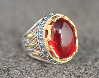 Sterling Silver 925 Mens Ring, Ruby Mens Ring , Gift for Him, Mens Handmade Ring, Turkish Handmade Silver Ring, Birthday Gift, Silver 925