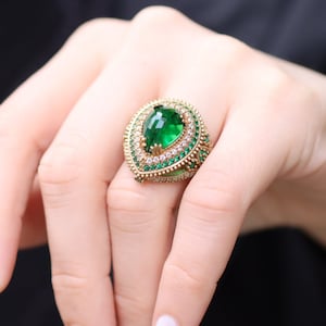 Emerald Silver Ring, Unique Design Emerald Big Ring, Sterling Silver 925 Handmade Ring, Ottoman Style Ring, Emerald Jewelry, Gift for Her