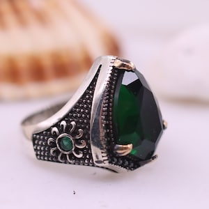 Men&#39;s Handmade Ring, Mens Emerald Silver Ring, Turkish Handmade Emerald Ring, Gift for Him, Ottoman Mens Ring, Emerald Ring, Silver 925 Mens