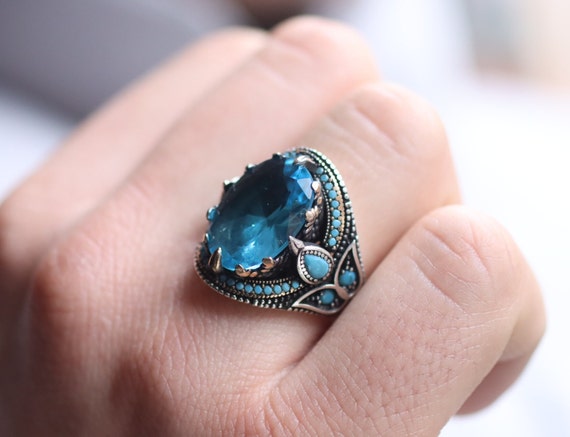 Aquamarine Mens Ring Silver Mens Ring Silver 925 Statement Mens Ring Gift for Him Gift for Men Ottoman Mens Ring Aquamarine Jewelry
