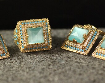 Plata esterlina 925 Aquamarine set hecho a mano, conjunto de estilo otomano, anillo de plata 925, regalo para ella, anillo de plata, anillo de estilo otomano, pendiente