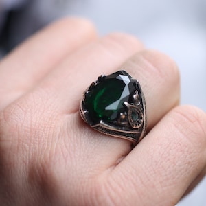 Men&#39;s Handmade Ring, Mens Emerald Silver Ring, Turkish Handmade Emerald Ring, Gift for Him, Ottoman Mens Ring, Emerald Ring, Silver 925 Mens