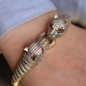 925 Sterling Silver Zircon Bracelet, Turkish Handmade Bracelet, Silver 925 Animal Tiger Cuff, Zircon Bracelet, Gift for Mom Gift, Mom Gift