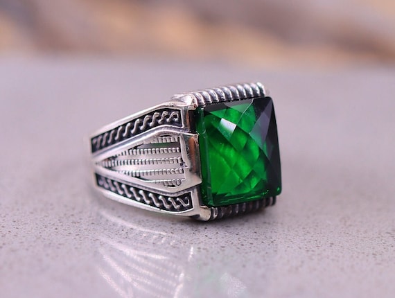 Emerald Mens Ring, Exclusive Silver Emerald Mens Ring , Geometric