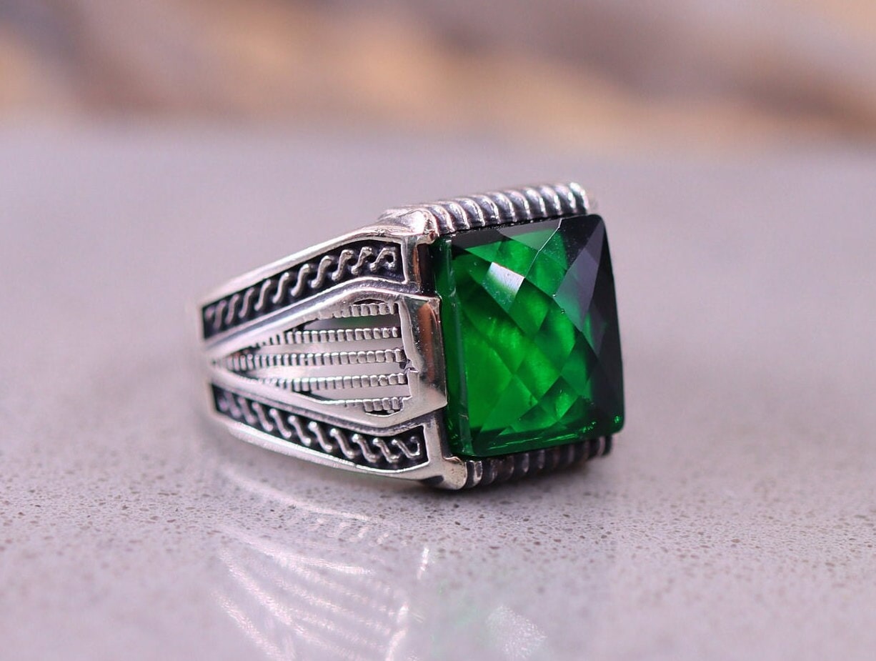 Emerald Mens Ring, Exclusive Silver Emerald Mens Ring , Geometric
