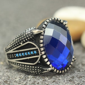Sterling Silver 925 Sapphire Men&#39;s Ring, Men&#39;s Ring, Sapphire Men&#39;s Ring, Ottoman Men Ring, Gift for Him, Sapphire Jewelry, Men&#39;s Ring