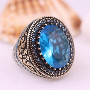 Aquamarine Mens Ring, Oval Aquamarine Mens Ring, Silver Mens Ring, Gift for Him, Statement Aquamarine Ring, Fathers Day Gift, Gift for Him