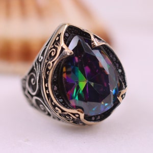 Mystic Topaz Mens Sterling Silver Ring, Mens Silver Ring, Sterling Silver 925 Mens Handmade Ring, Mystic Topaz Ring, Gift for Him, Gift