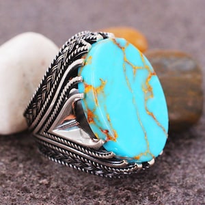 Plata de ley 925 turquesa hecho a mano anillo, anillo de estilo otomano, plata 925 anillo de hombres, regalo para él, anillo de plata, anillo de hombre águila, turquesa
