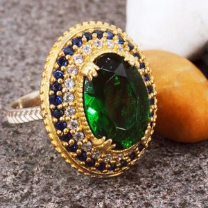 Emerald Oval Ring, Sterling Silver 925 Emerald Handmade Ring, Ottoman Ring, Silver 925 Ring, Gift for her, Silver Ring,  Emerald, Sapphire
